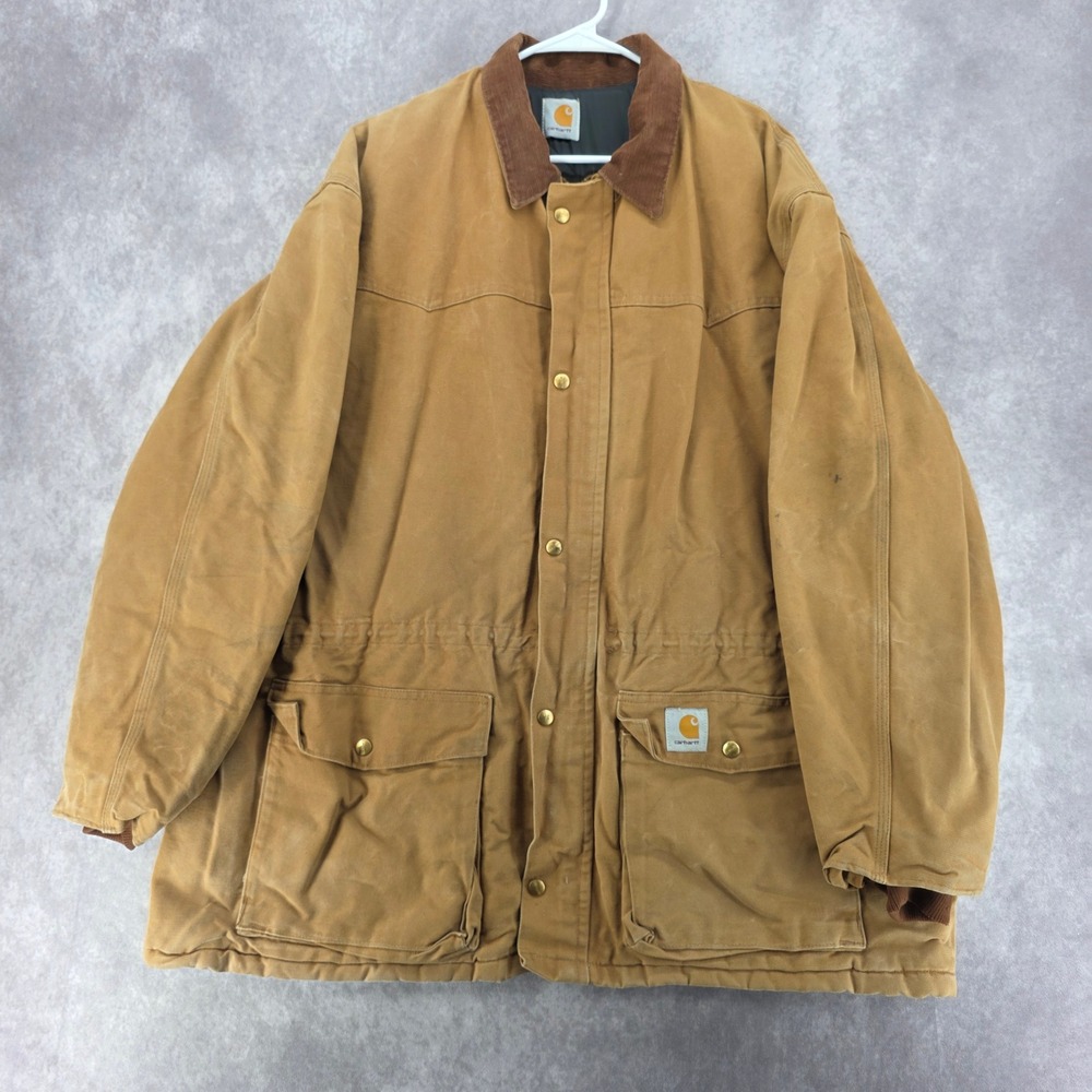 Carhartt Mens Tan Duck Canvas Chore Coat Jacket Corduroy Collar Quilt Lined 2XL